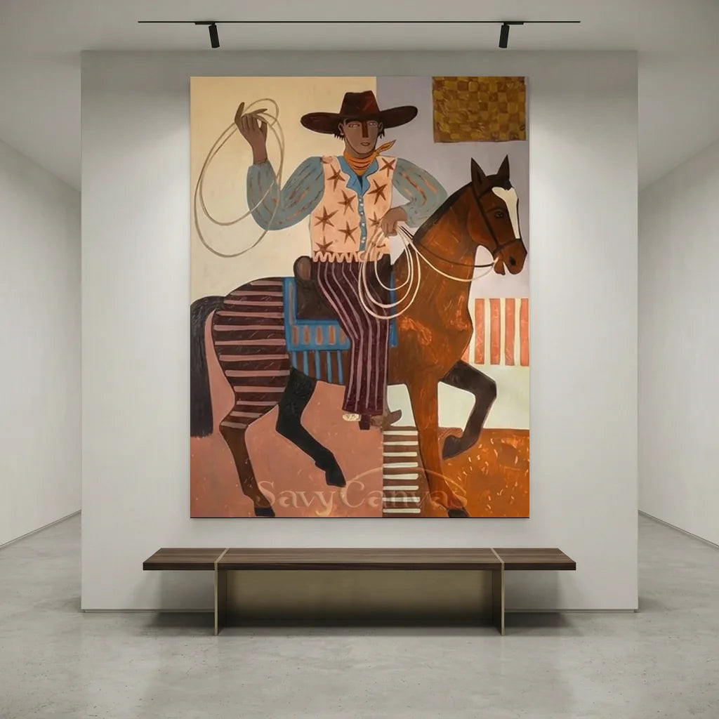 Handcrafted folk cowboy with lasso oil painting with rich brown textures hanging in a modern living room or rustic study