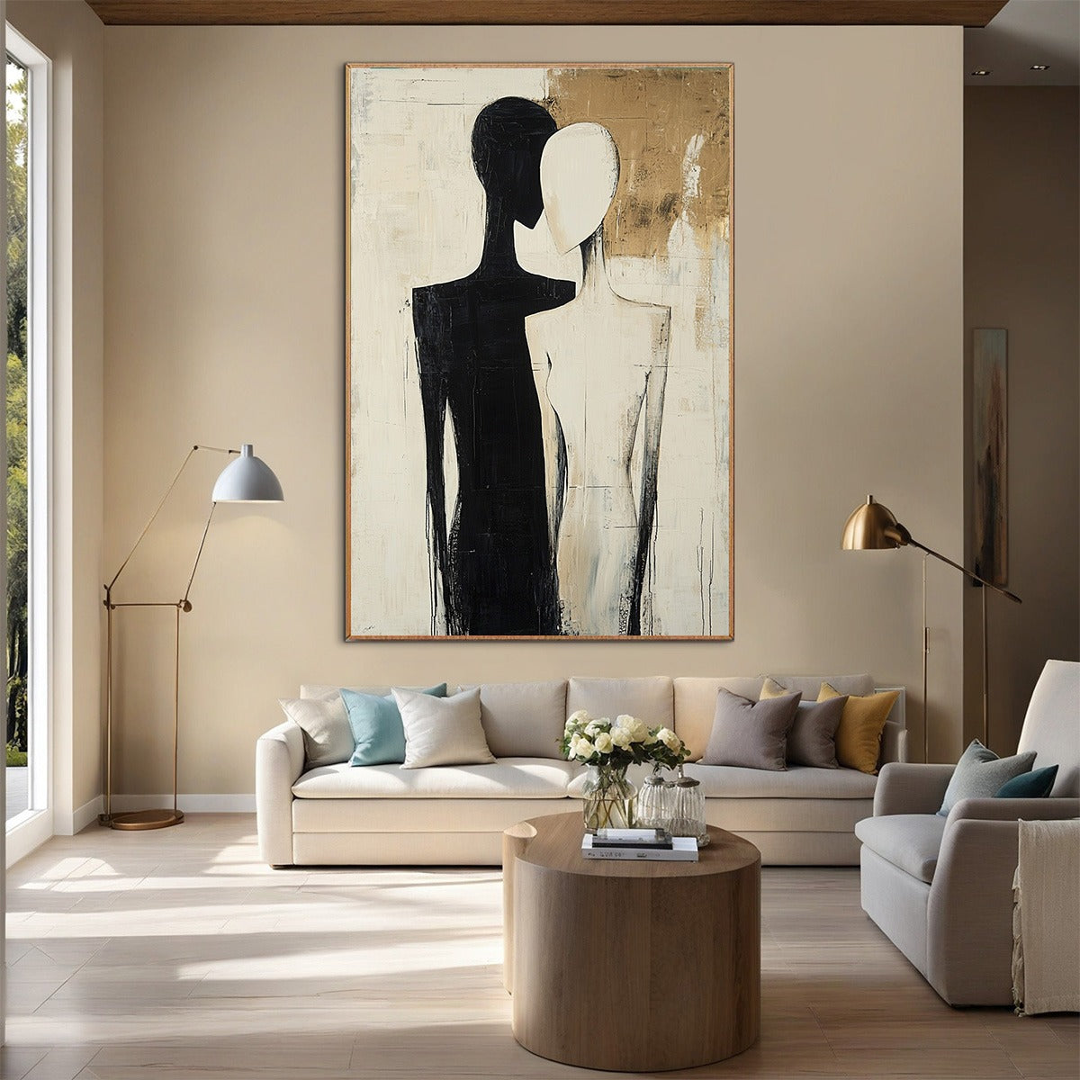 Black & White Abstract Figures | Gold Accent Canvas Art