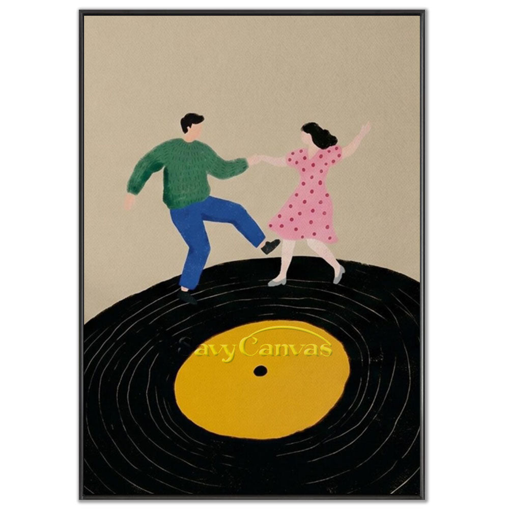 A 100% handmade minimalist oil painting showcasing a whimsical scene of a couple dancing joyfully on top of a large black vintage vinyl record with a yellow center, set against a solid warm beige background.