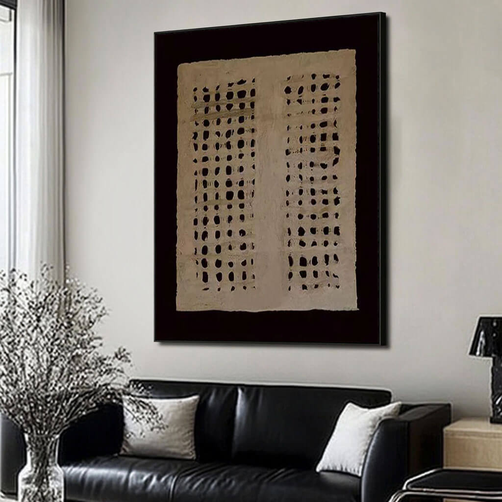 Black and Beige Dotted Abstract Canvas | Modern Minimalist Art #AA 334