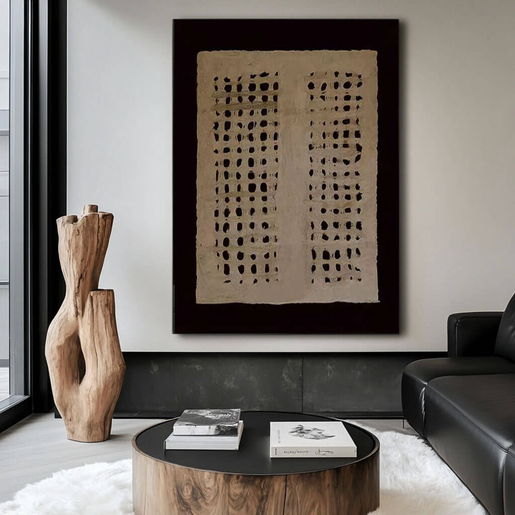 Black and Beige Dotted Abstract Canvas | Modern Minimalist Art #AA 334