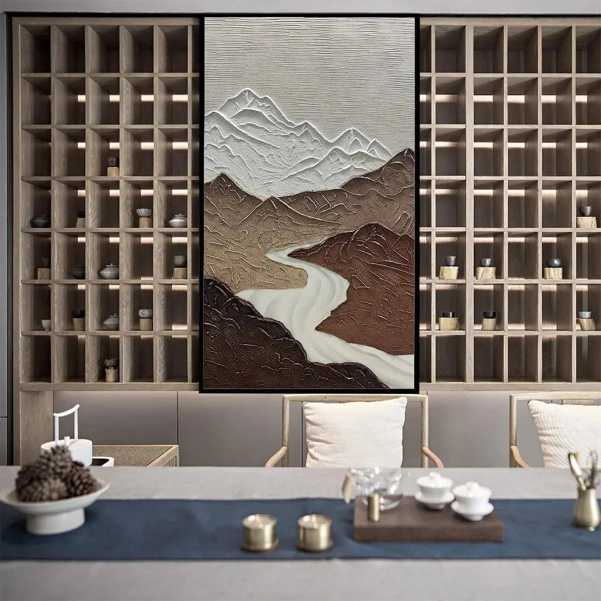 Brown and White Mountain Art | Textured River Landscape Canvas