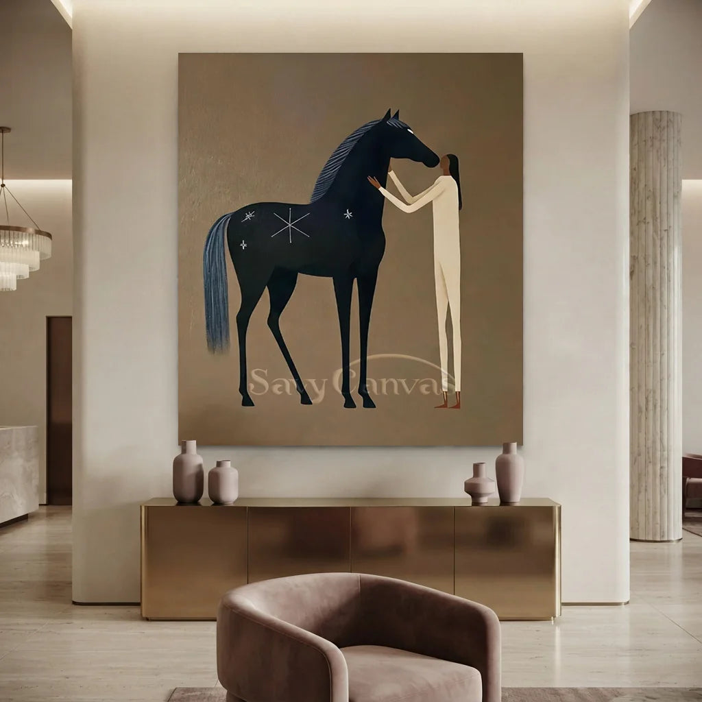 Handcrafted earth tone horse oil painting featuring a person bonding with a black horse against a textured brown background