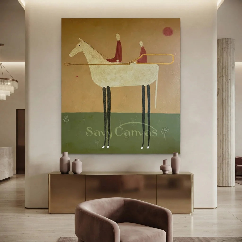 100% handmade abstract horse oil painting in earth tones, displayed elegantly above a wooden bench in a modern corridor by Savy Canvas.