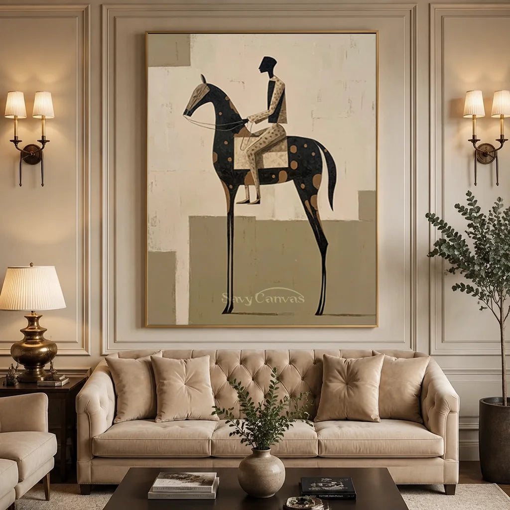 100% handmade modernism equestrian oil painting in neutral tones, displayed elegantly above a wooden dining table in a sophisticated restaurant by Savy Canvas.