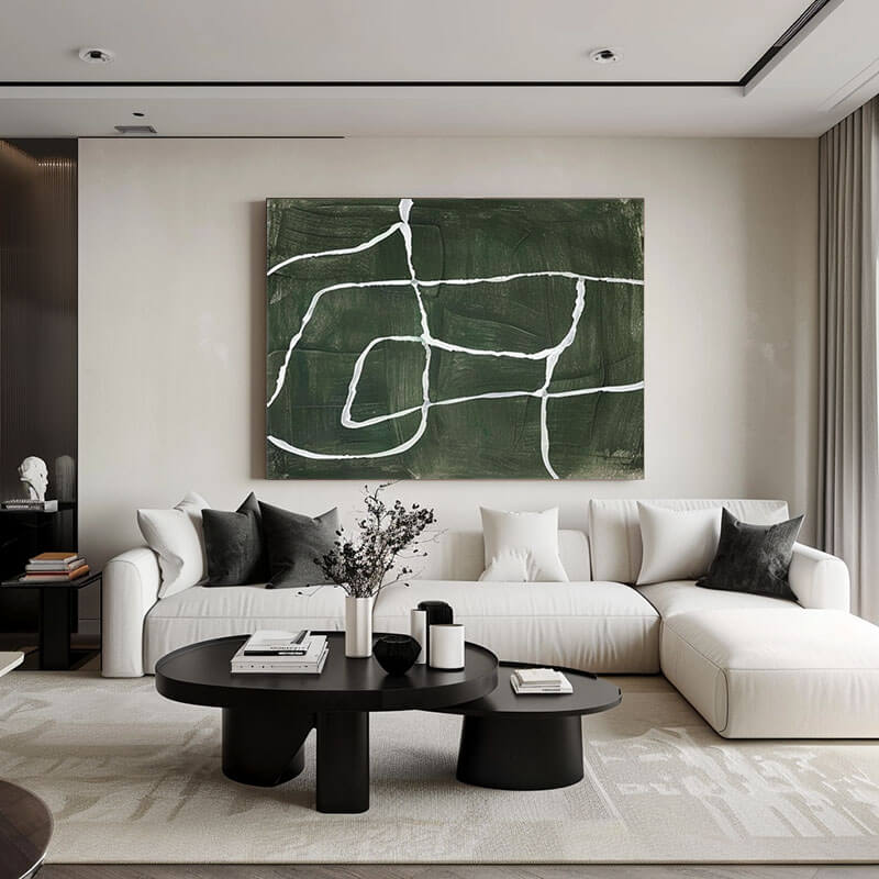 Deep Forest Green Abstract Wall Art | Minimalist White Line Canvas #AA 335