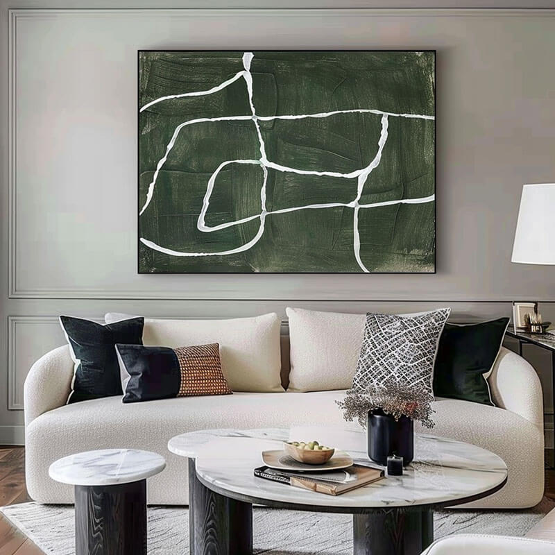 Deep Forest Green Abstract Wall Art | Minimalist White Line Canvas #AA 335