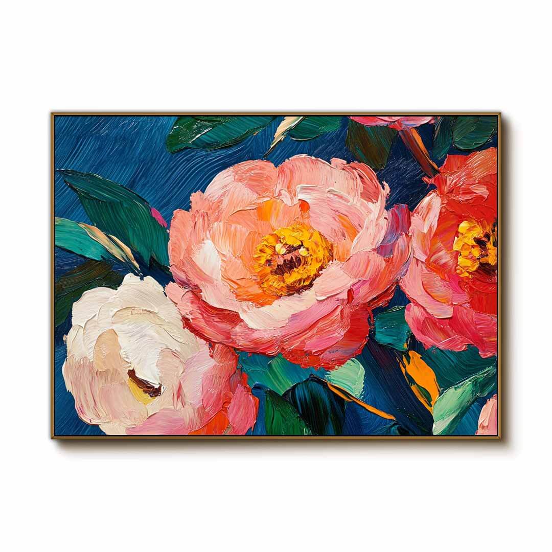 Pink Peony on Navy Blue Canvas | Floral Oil Painting Art #AA 340