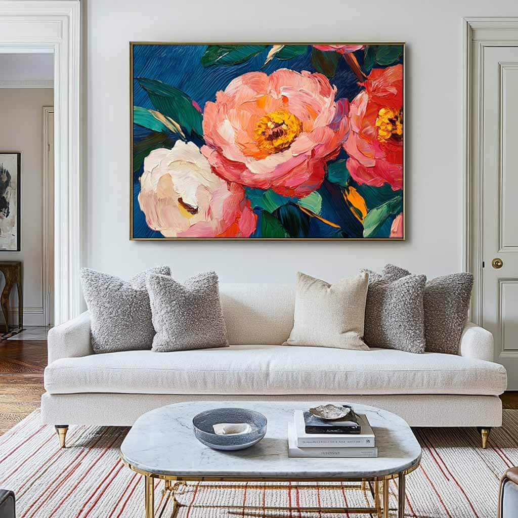 Pink Peony on Navy Blue Canvas | Floral Oil Painting Art #AA 340