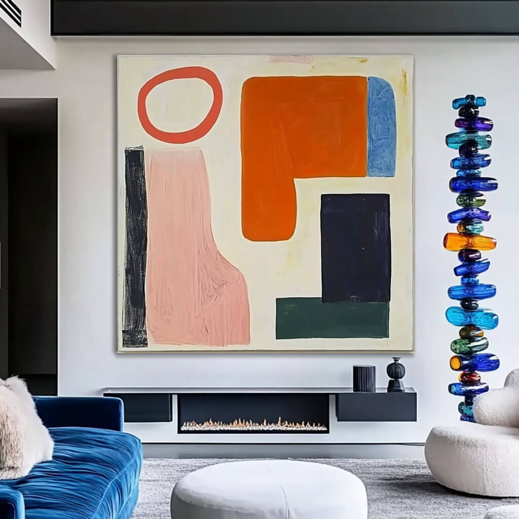 Contemporary Abstract Painting | Large Square Wall Art Orange Pink Decor