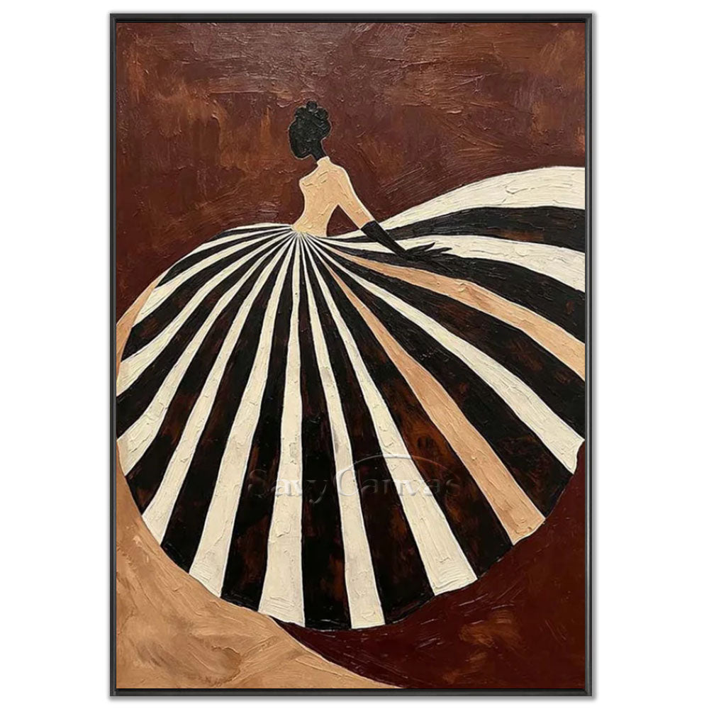 A 100% handmade abstract textured oil painting depicting the side profile of an elegant lady wearing a dramatic, large round ballgown with bold black, cream, and tan vertical stripes, set against a rich textured terracotta-brown background.