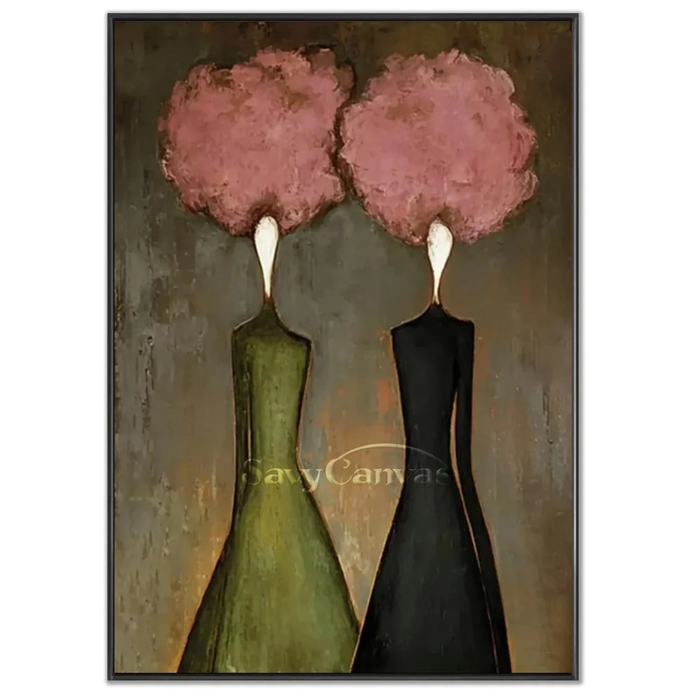 Hand-painted abstract expressionist oil painting featuring two chic ladies with pink floral cloud heads in green and dark gowns against a textured background by Savy Canvas.