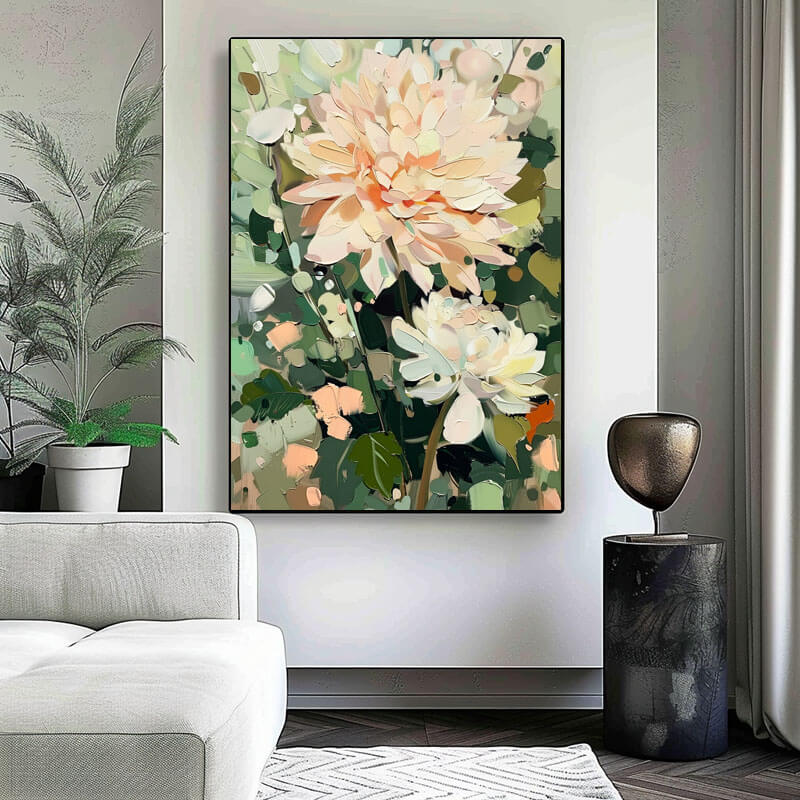 Peach Dahlia Canvas Wall Art | Vertical Floral Oil Painting #AA 342