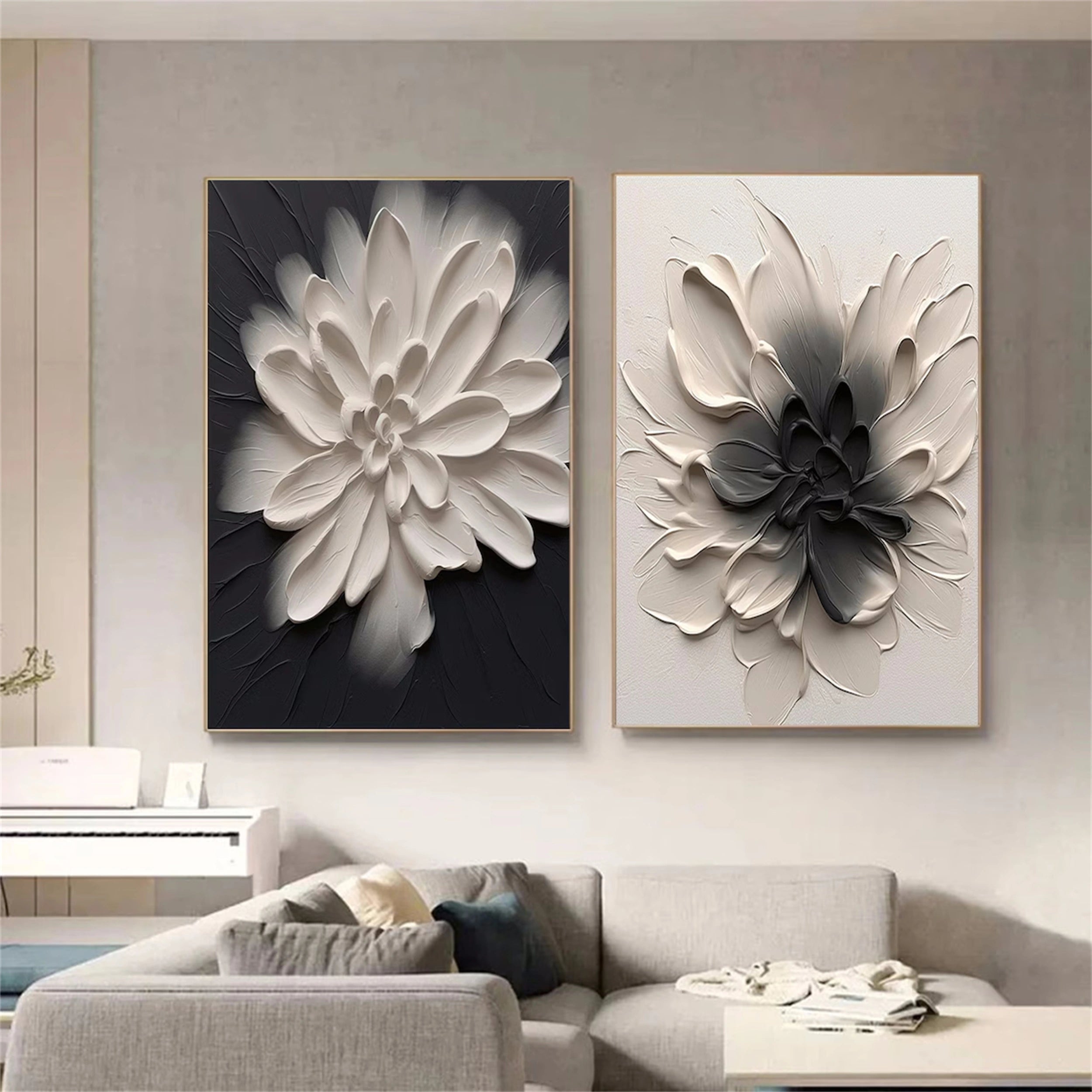 Abstract Floral Painting Diptych | Textured Black White Flower Decor
