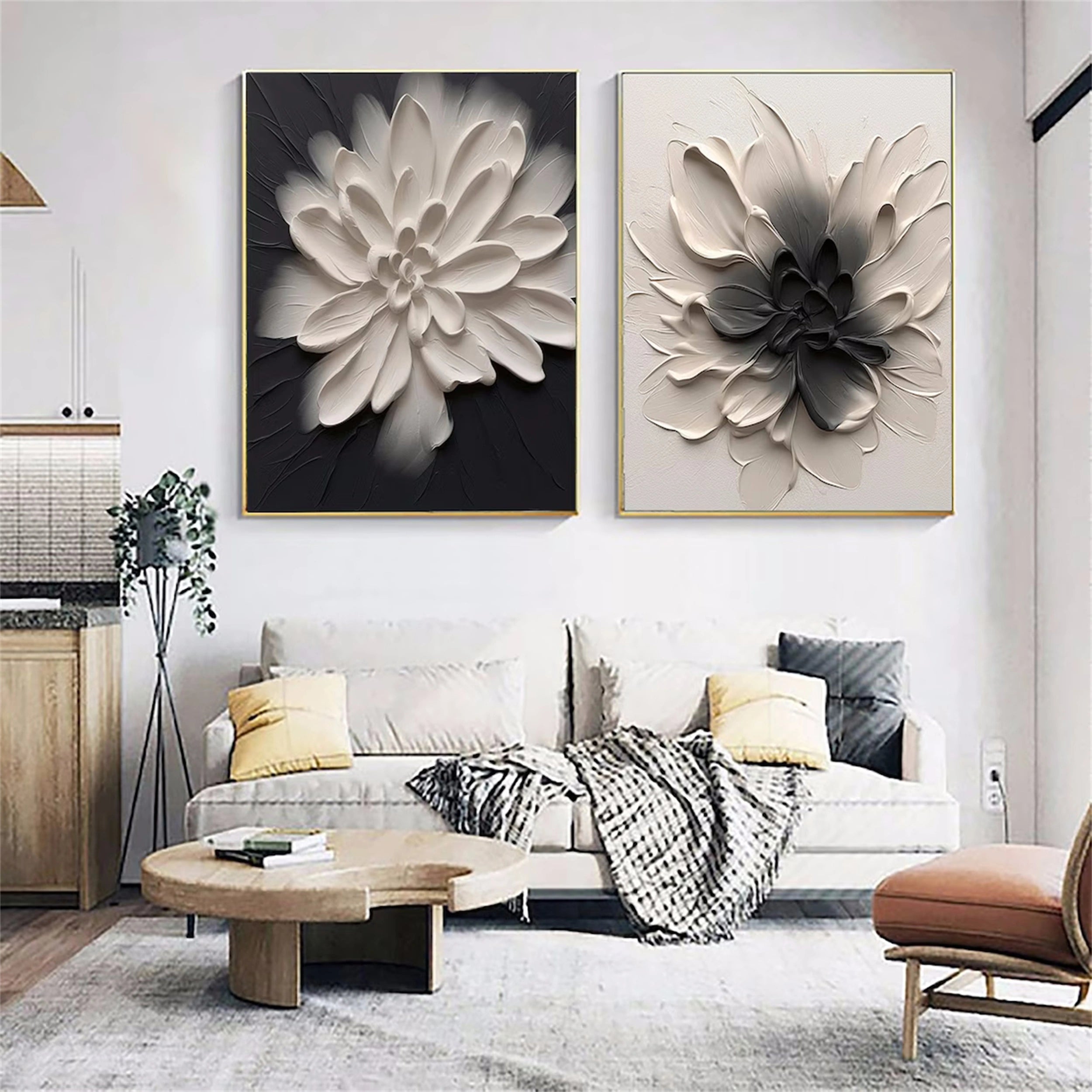 3D Textured Flower Painting Set | Black & White Floral Diptych Art #JJ 085