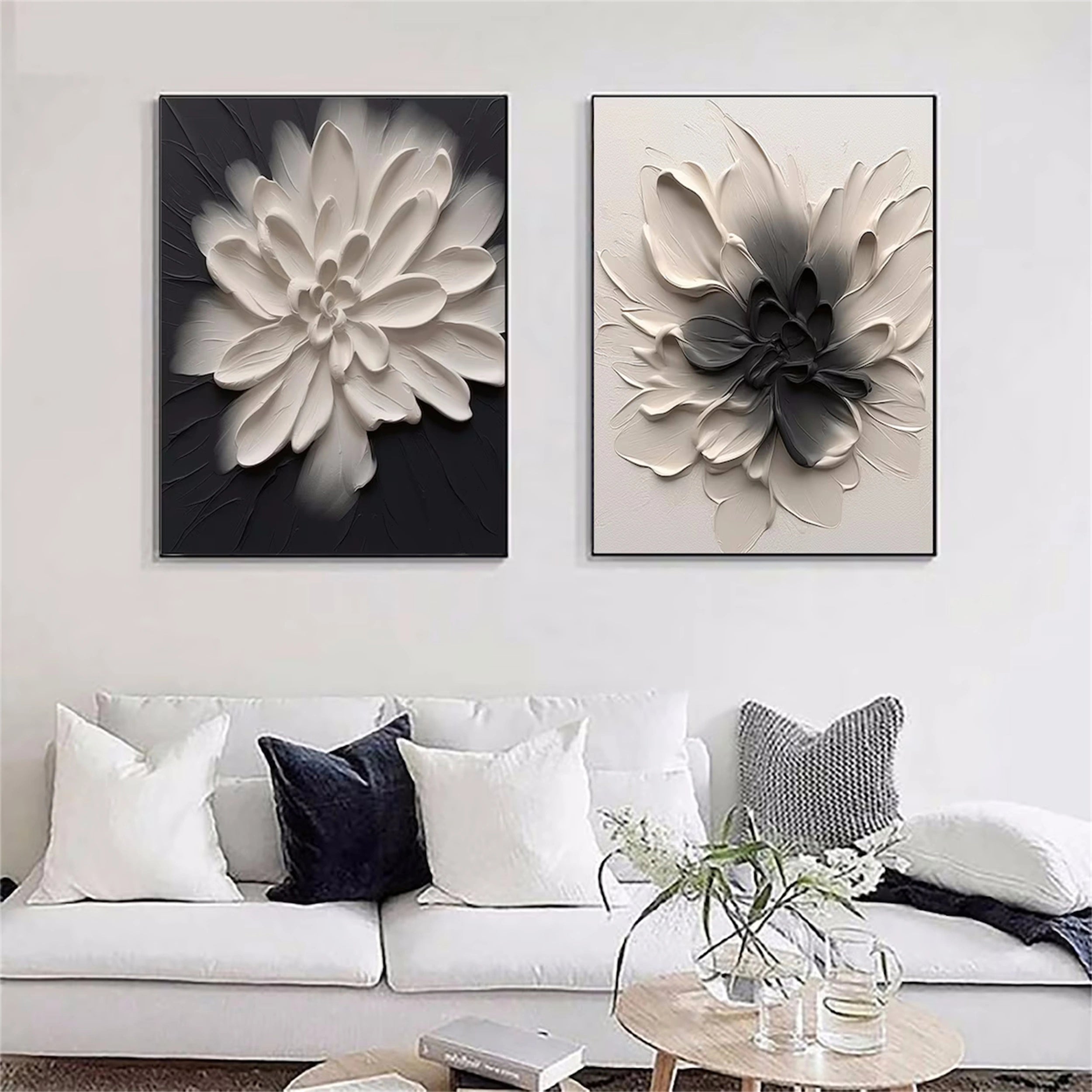 3D Textured Flower Painting Set | Black & White Floral Diptych Art #JJ 085