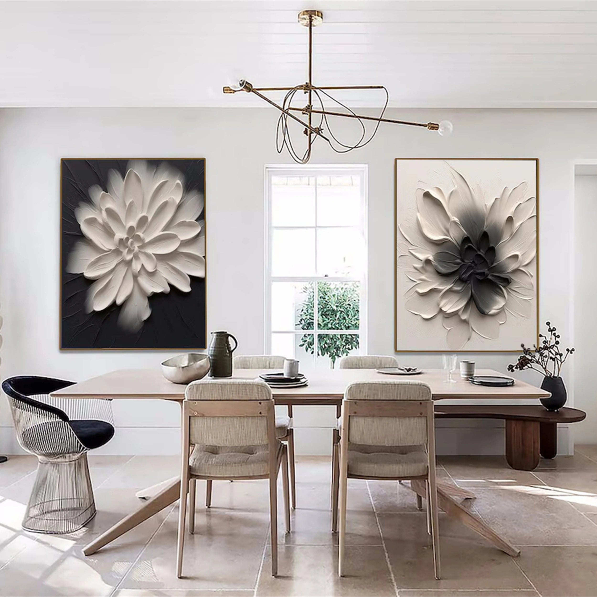 Abstract Floral Painting Diptych | Textured Black White Flower Decor
