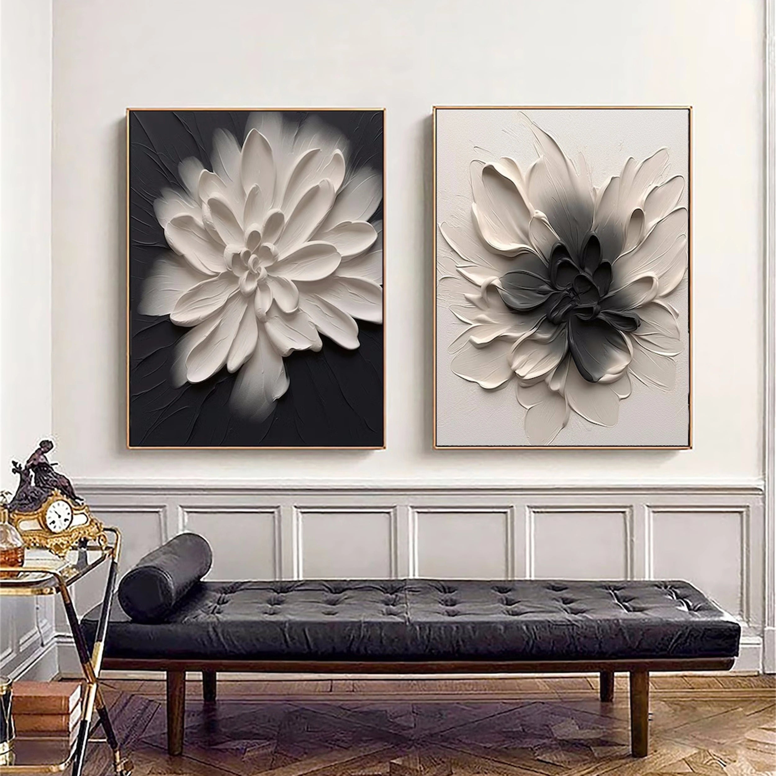 3D Textured Flower Painting Set | Black & White Floral Diptych Art #JJ 085