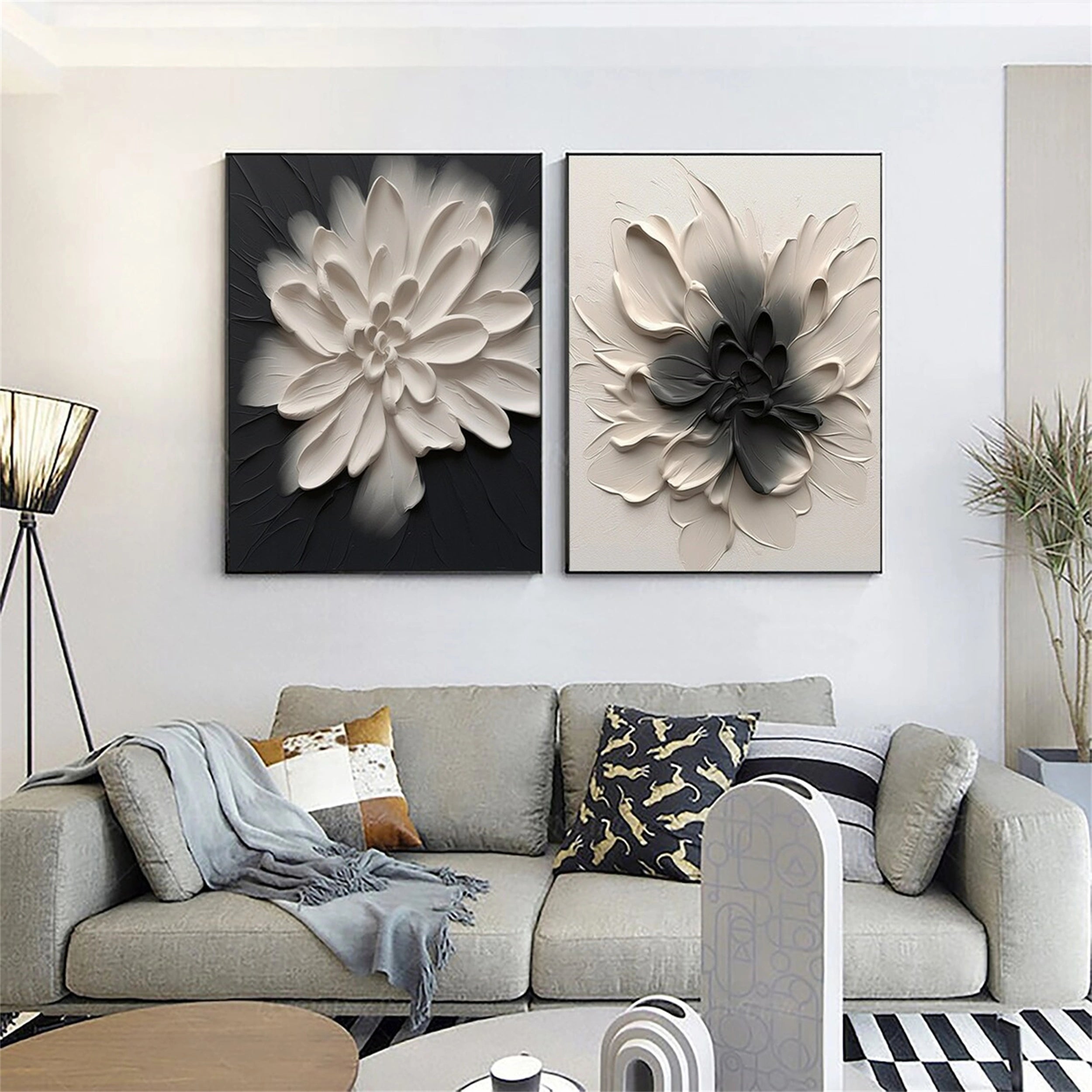 3D Textured Flower Painting Set | Black & White Floral Diptych Art #JJ 085