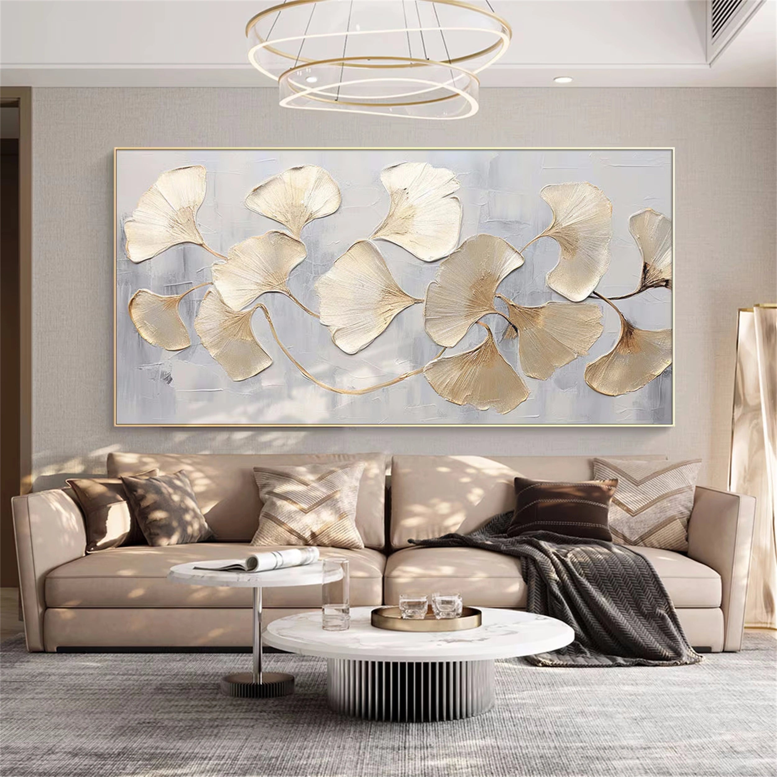 Large Abstract Leaf Artwork: Textured Ginkgo Painting for Living Room #ZZ 139