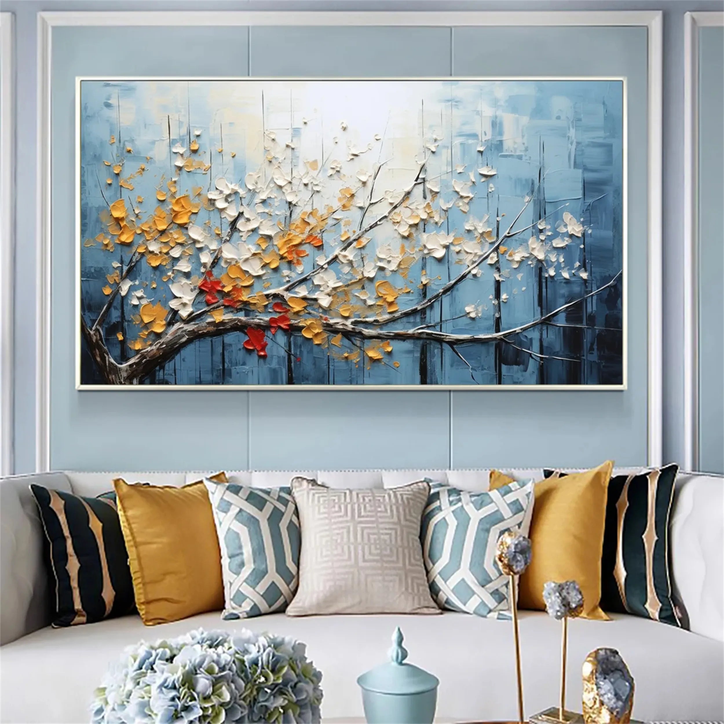 Large Abstract Blossom Painting | Horizontal Textured Canvas Art Blue Gold