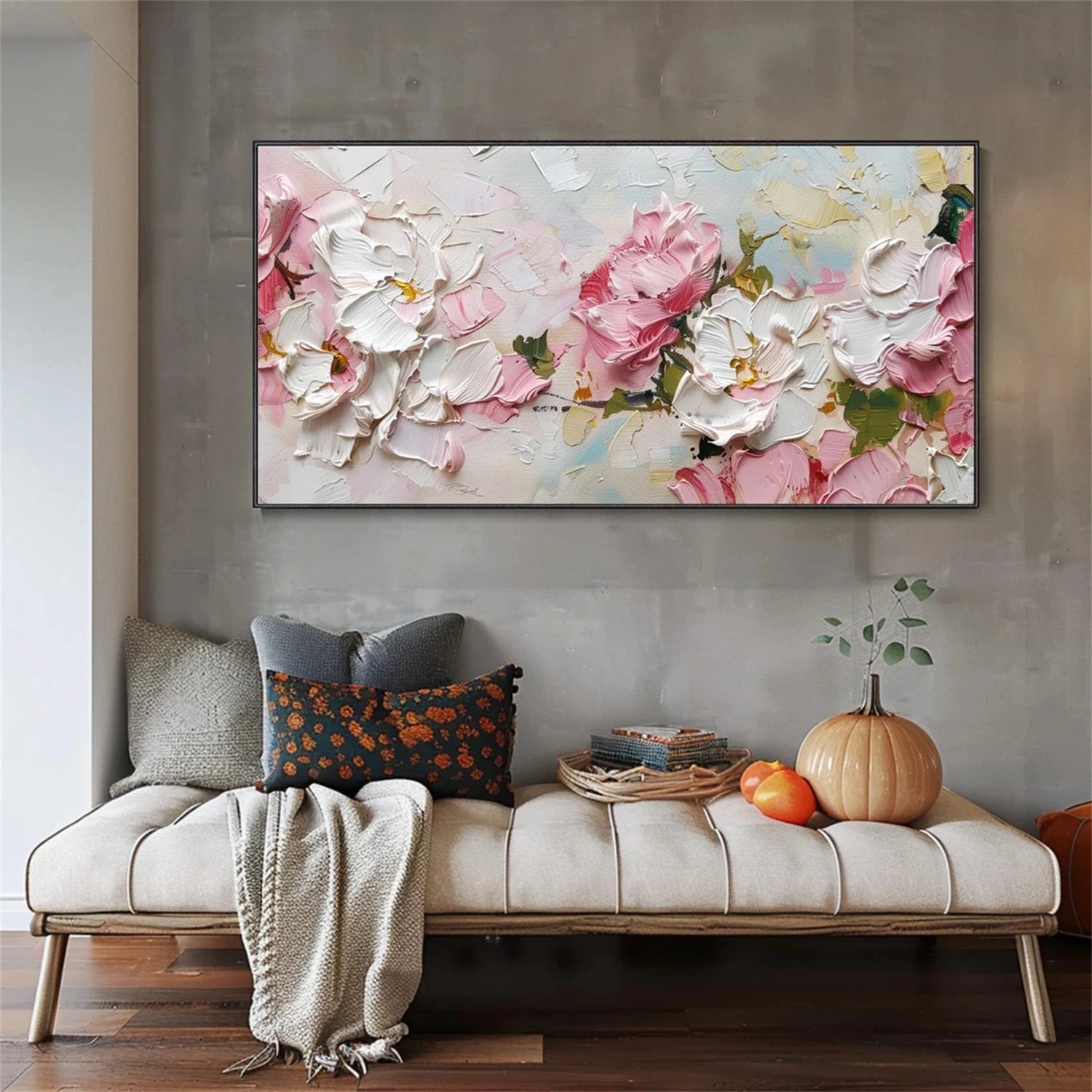 Textured Floral Painting | Pink White Impasto Flower Wall Art Decor