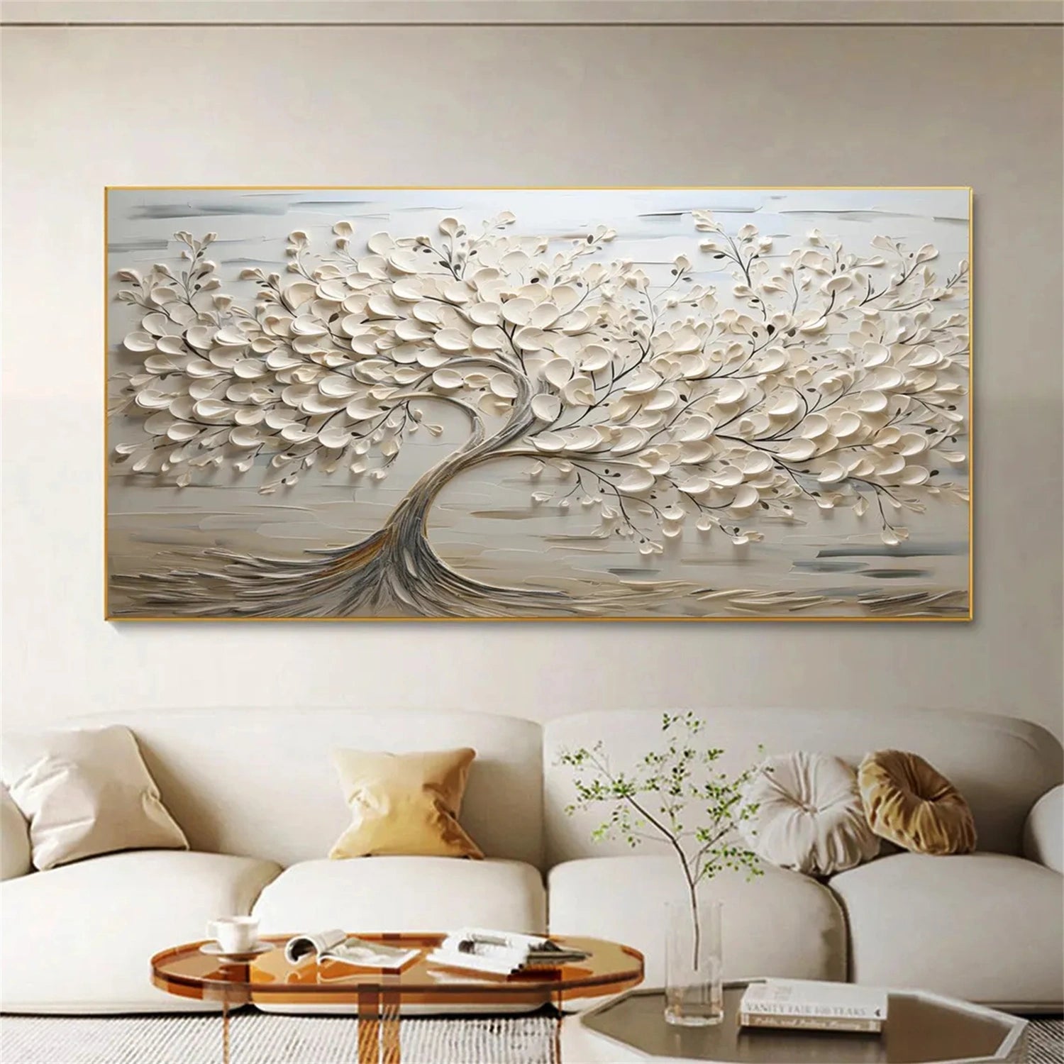 Large Textured White Tree Wall Art | Horizontal 3D Canvas Painting