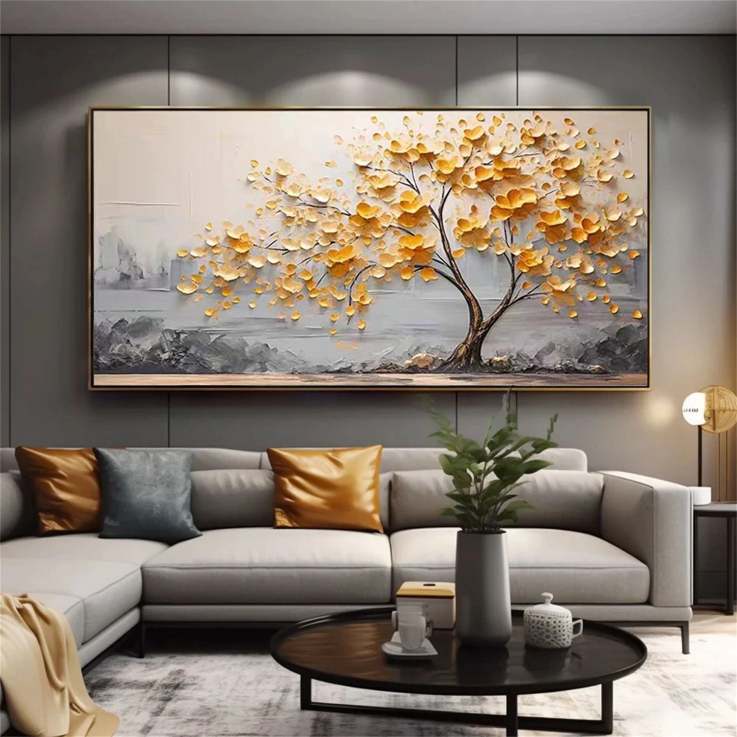 Golden Blossom Tree Abstract Oil Painting - Modern Art