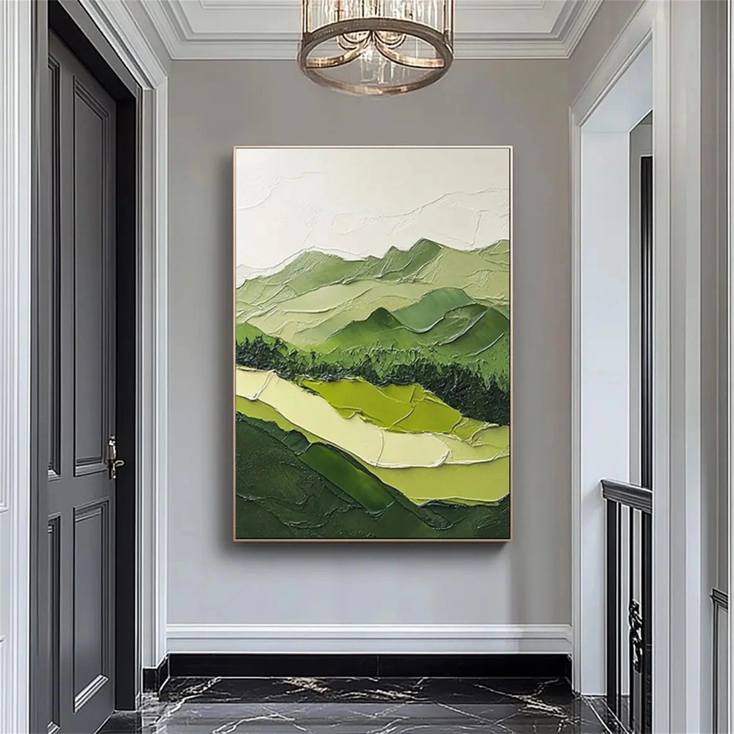 Hand-Embellished Mountain River Canvas Art - Green Abstract
