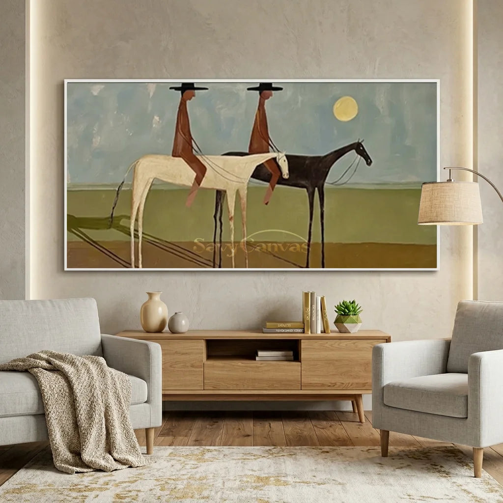 Handmade Expressionist Folk Art Cowboy Panoramic Painting #SS 357