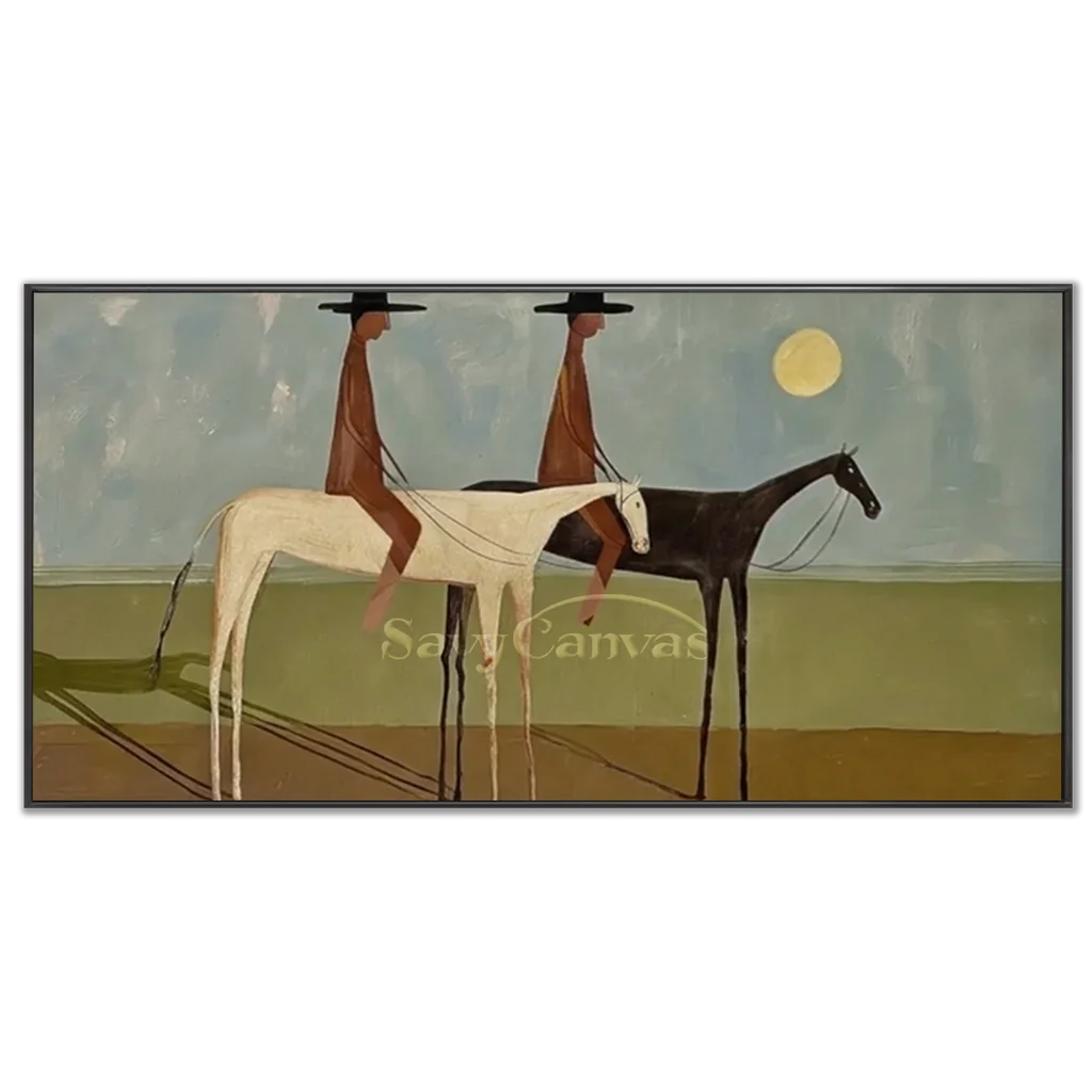 Handmade Expressionist Folk Art Cowboy Panoramic Painting #SS 357