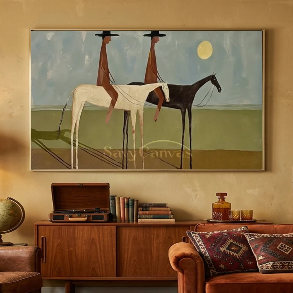 Handmade Expressionist Folk Art Cowboy Panoramic Painting #SS 357