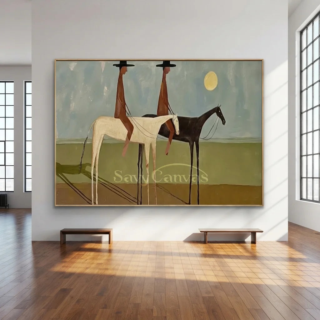Handmade Expressionist Folk Art Cowboy Panoramic Painting #SS 357