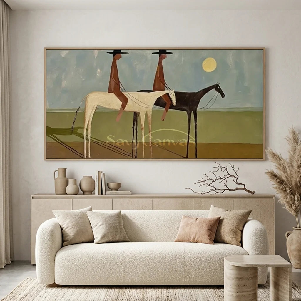 Handmade Expressionist Folk Art Cowboy Panoramic Painting #SS 357
