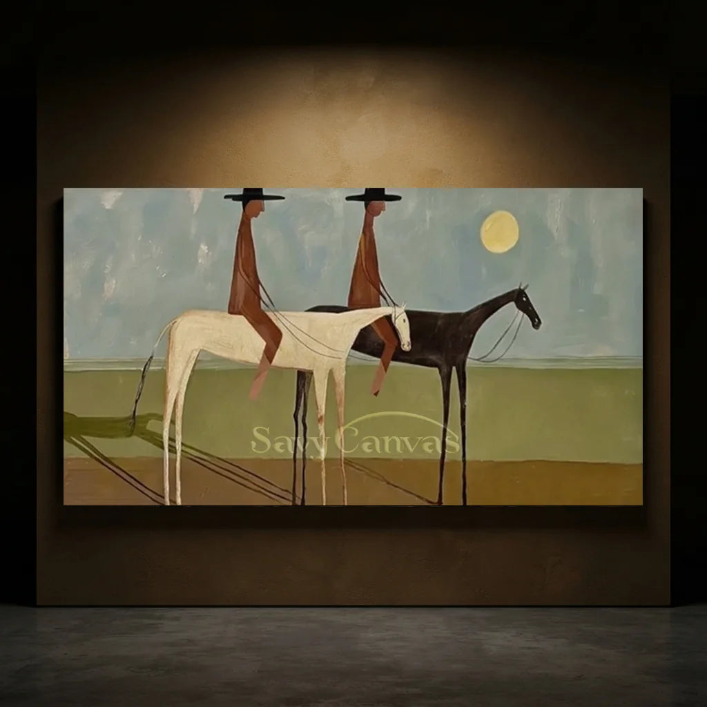 Handmade Expressionist Folk Art Cowboy Panoramic Painting #SS 357