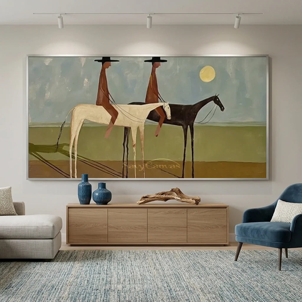 Handmade Expressionist Folk Art Cowboy Panoramic Painting #SS 357