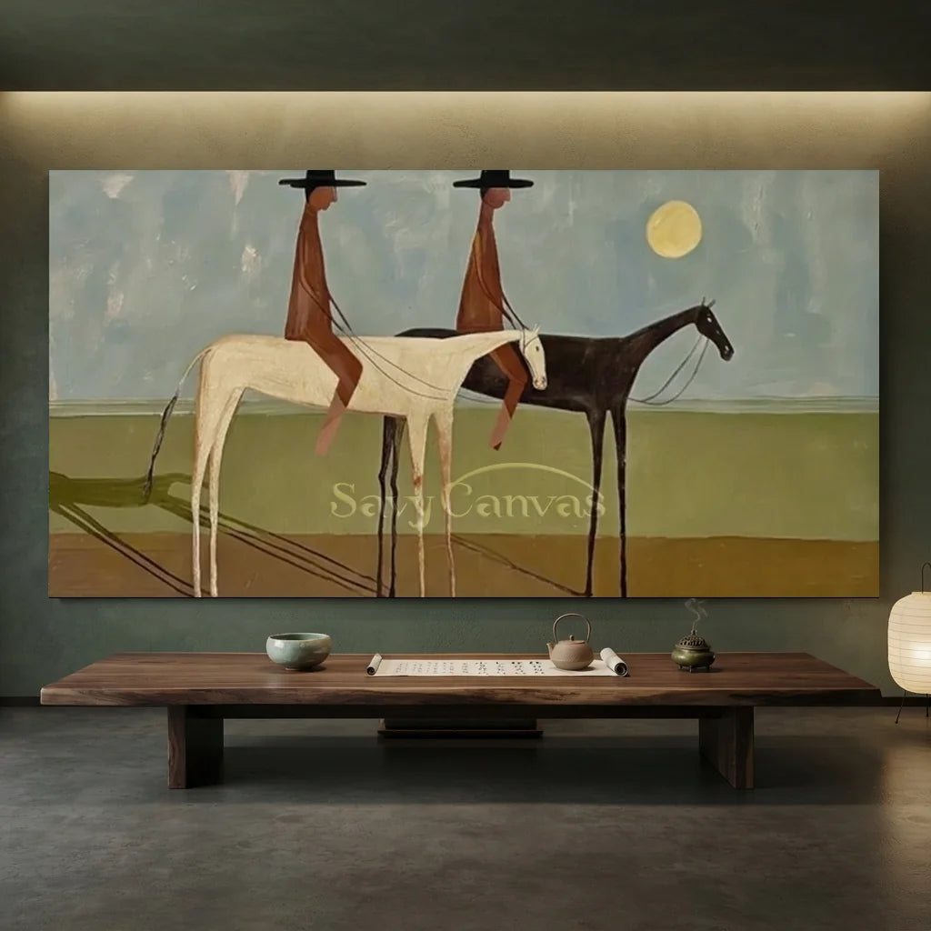 Handcrafted expressionist panoramic oil painting in a black frame featuring stylized horses and riders in earthy tones under a moonlight horizon, ideal for modern living room wall decor.