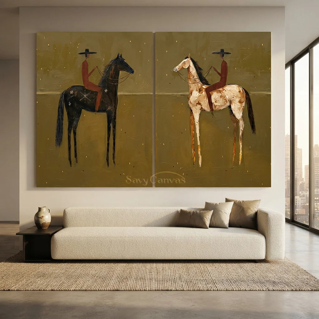 Handcrafted expressionist oil painting set in black frames featuring two panels with stylized horses and riders in earthy tones, ideal for modern living room wall decor.