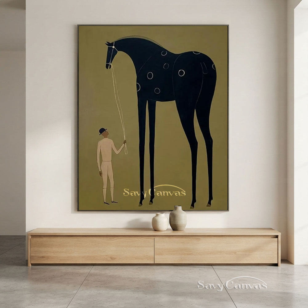 Handmade Folk Art Black Horse Surrealist Canvas Oil Painting #SS 208