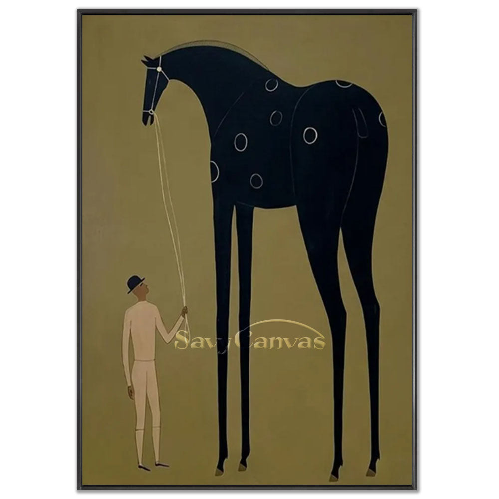 A 100% handmade modernist folk oil painting showcasing a stylized, giant black horse with extremely elongated long legs and white polka dots, being held on a leash by a gentleman in a beige outfit and bowler hat, against a solid muted mustard green background.