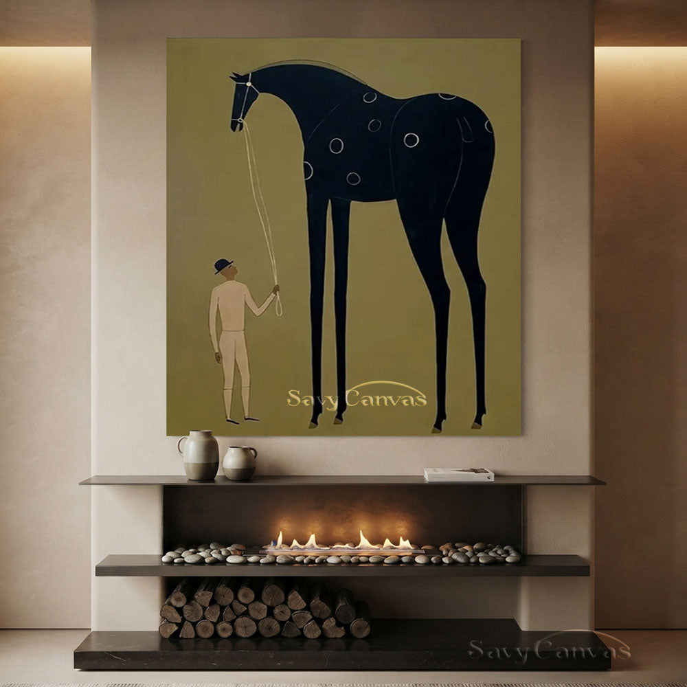 Handmade Folk Art Black Horse Surrealist Canvas Oil Painting #SS 208
