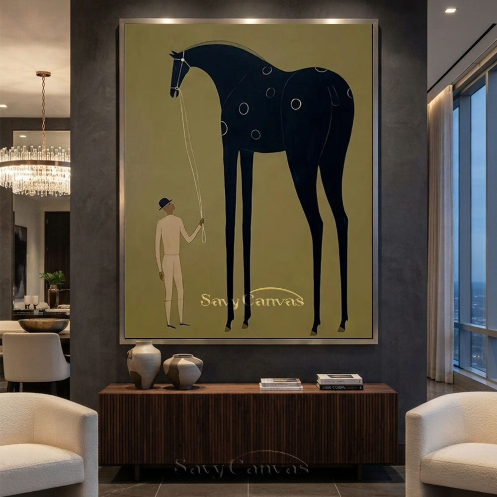 Handmade Folk Art Black Horse Surrealist Canvas Oil Painting #SS 208