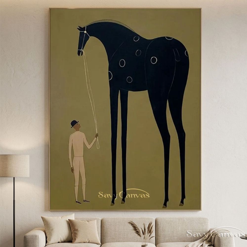 Handmade Folk Art Black Horse Surrealist Canvas Oil Painting #SS 208
