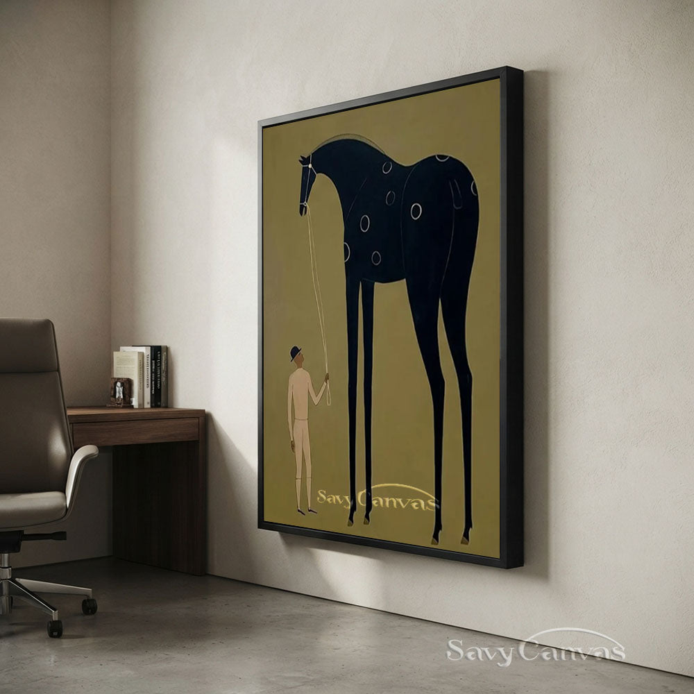 Handmade Folk Art Black Horse Surrealist Canvas Oil Painting #SS 208