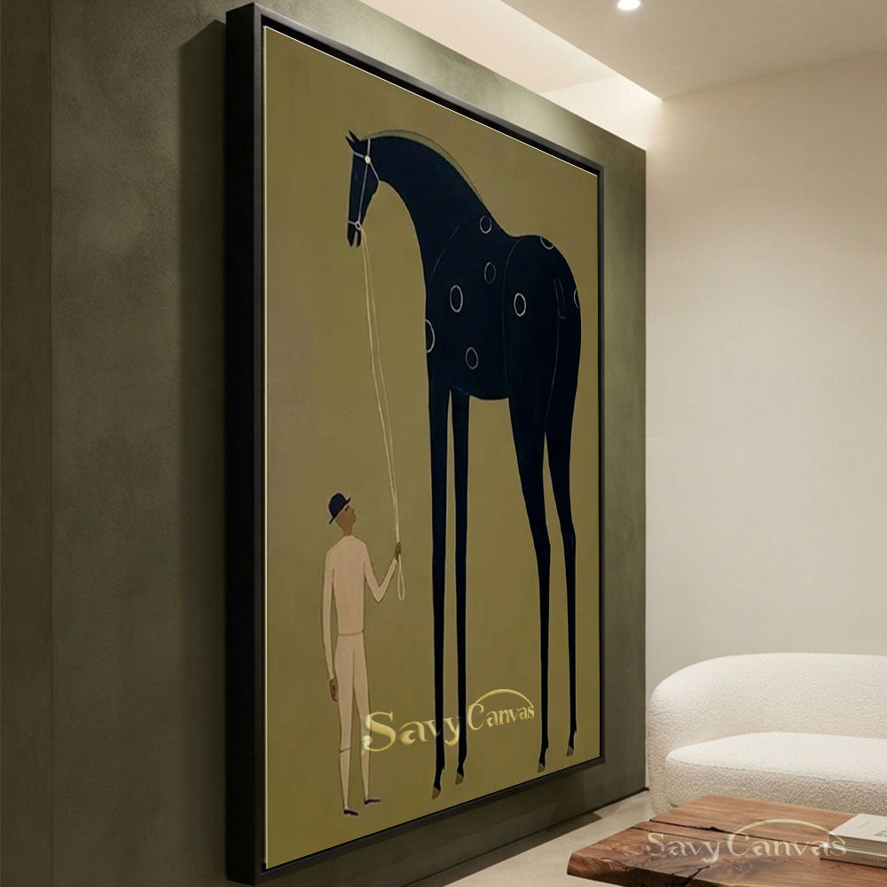 Handmade Folk Art Black Horse Surrealist Canvas Oil Painting #SS 208
