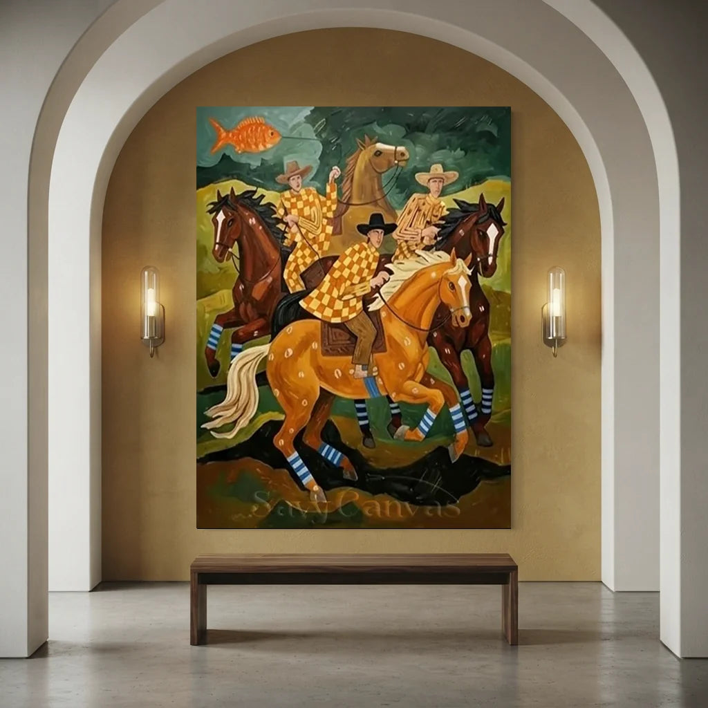 100% handmade folk art horse oil painting in retro tones featuring multiple riders and a golden fish, framed in a sleek black border by Savy Canvas.