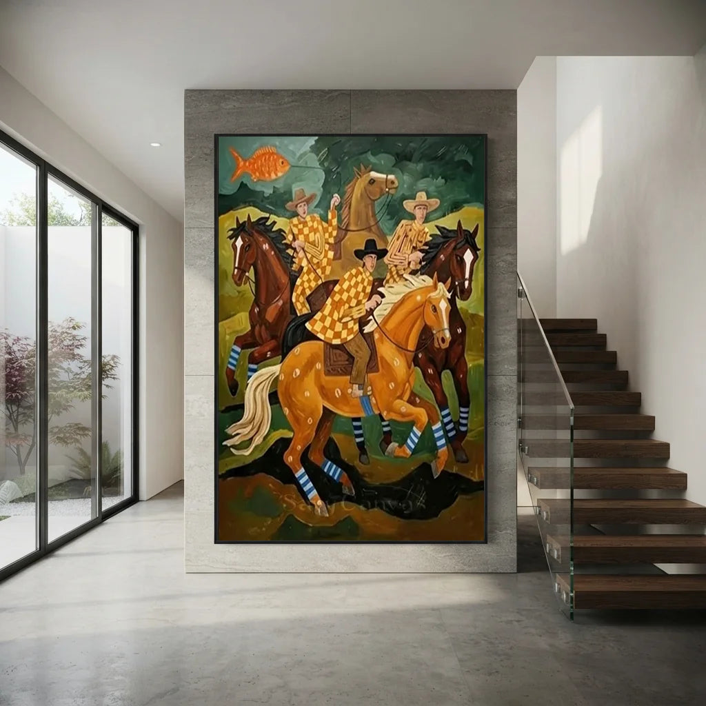 Folk Art Horse Oil Painting, Retro Canvas #SS 321