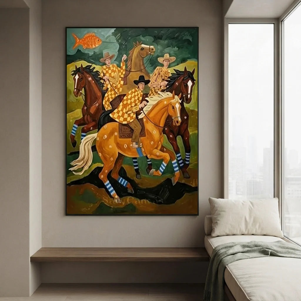 Folk Art Horse Oil Painting, Retro Canvas #SS 321