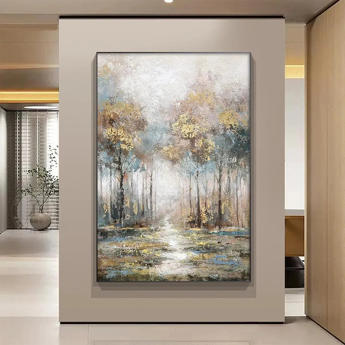 Gold and Grey Abstract Forest Canvas Wall Art | Autumn Nature Print #AA 310