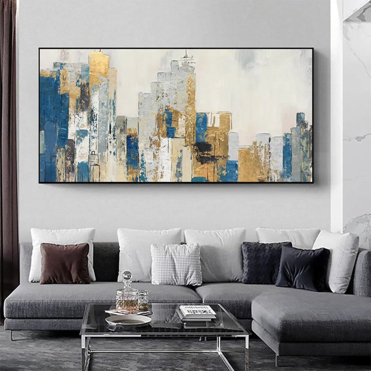 Textured Cityscape Painting | Blue & Gold Palette Knife Art